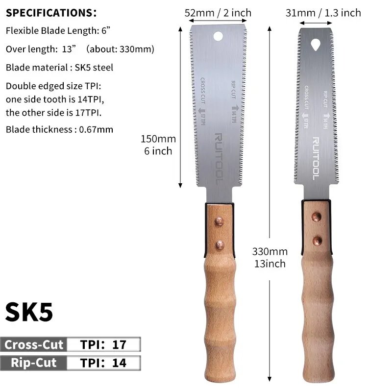 Ultra-Flex 6-Inch Japanese Pull Saw - SK5 Steel | 14TPI/17TPI Double-Sided Flush Cut Hand Saw - Image 6